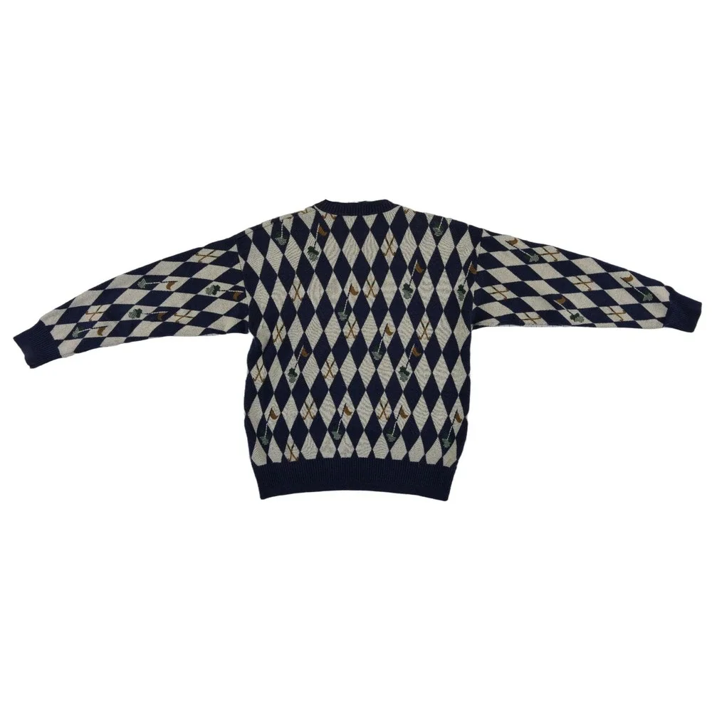 Vintage Nautica Sweater Men's Size Medium Blue Cream Argyle Cotton Linen Golf